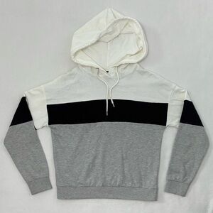 New Look Black Stripe White Gray Drawstring Pullover Hoodie